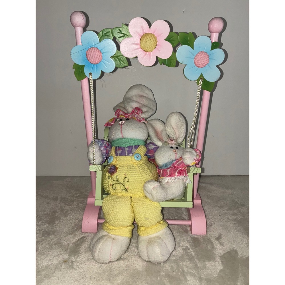 Vintage Style Easter Bunny Plush Duo on Wooden Garden Swing Decor Pink Green